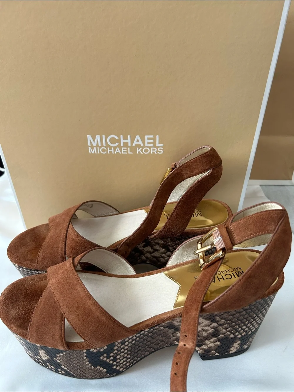 🤎Michael Kors🤎Brown Suede w/Python Print ~ Crisscross Wedge Flatform Sandals EUC